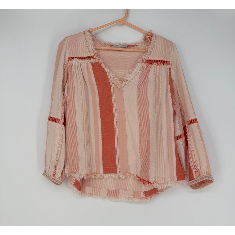 Ellor Blouse Womens XS Pink Orange‎ Striped Cotton Gauze Boho Frayed Lace Core